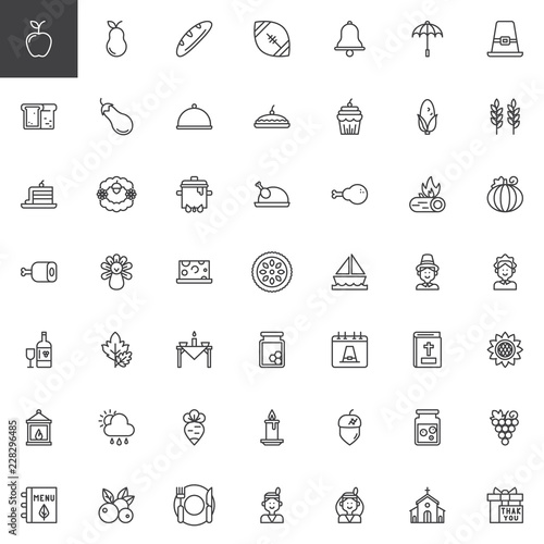 Thanksgiving outline icons set. linear style symbols collection, line signs pack. vector graphics. Set includes icons as Christmas wreath, Piece of cake, Turkey leg, Dinner table, Pilgrim, Pumpkin pie