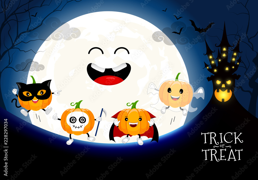 Funny cute cartoon pumpkin character. Dracula, ghost, black cat and skull in moon night background.  Trick or treat, happy Halloween concept. Design for banner, poster, greeting card. Illustration.