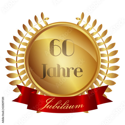 Medaille mit Lorbeeren und Banner - 60 Jahre - gold 3D