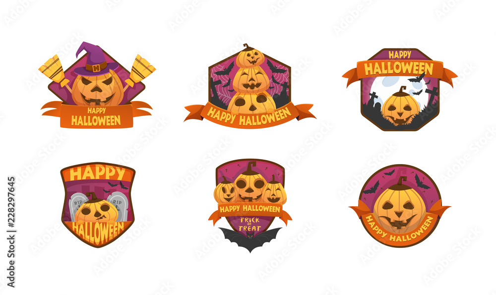 Set of cartoon style Happy Halloween labels Set of cartoon style Happy Halloween labels