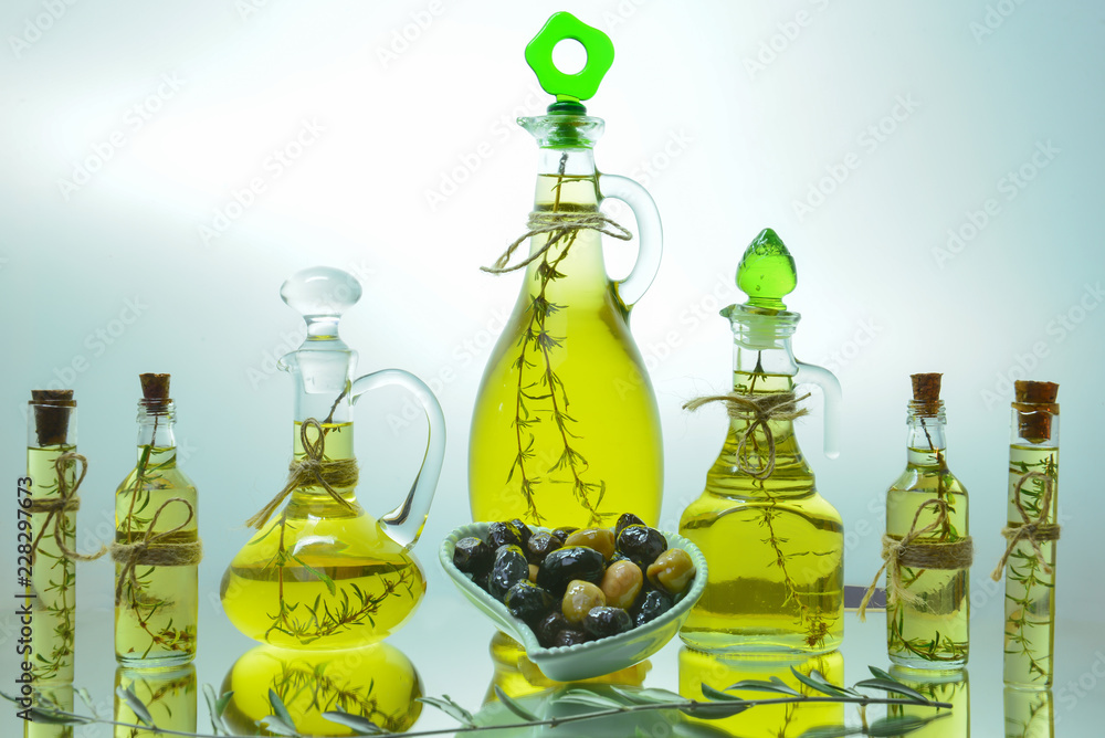 Keuken achterwand met natural concept with olive oil bottles with thyme #228297673