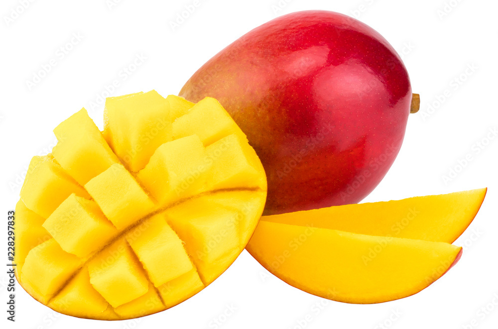 Mango fruit with mango cubes and slices. Isolated on a white background Mango fruit with mango cubes and slices. Isolated on a white background