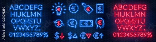 Vector neon financial signs on dark background. Signs of currency exchange, currency appreciation and depreciation, prices, business ideas, speech bubble and others. Neon alphabets with numbers.