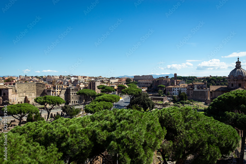 Rome cityscape with green trees and old architecture. Daylight with blue sky