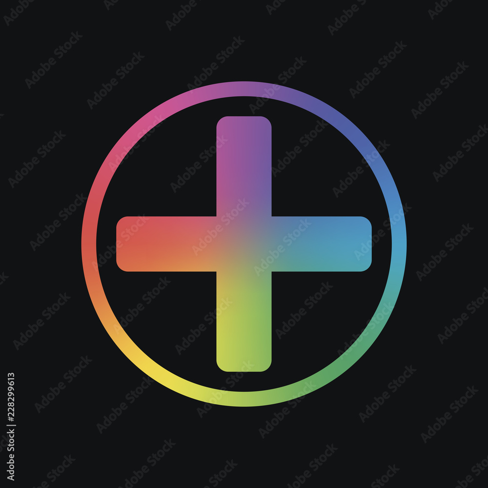 Fototapeta premium Medical cross icon. Rainbow color and dark background