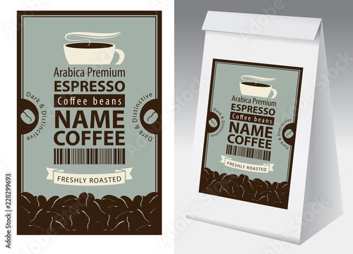 Paper packaging with label for freshly roasted coffee beans in retro style. Vector label for coffee with cup, bar code, coffee beans and paper 3d package with this label.
