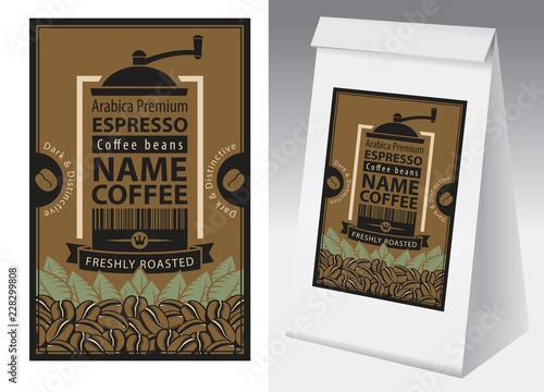 Paper packaging with label for freshly roasted coffee beans in retro style. Vector label for coffee with coffee grinder, bar code, text and paper 3d package with this label.