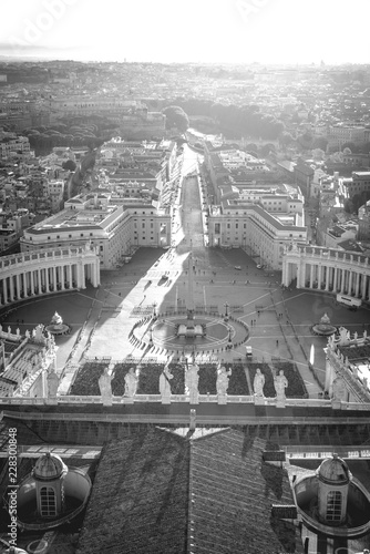 Saint Peter square in Vatican at the morning. Vertical view. Black and white