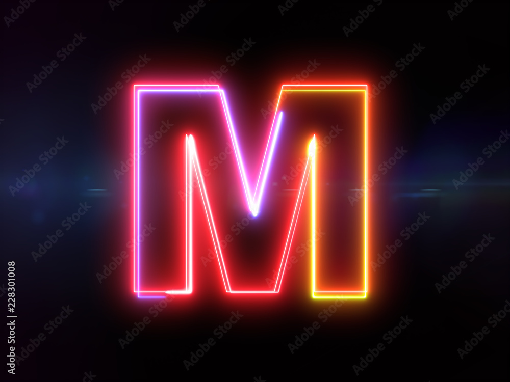 Letter M - colorful glowing outline alphabet symbol on blue lens flare dark background