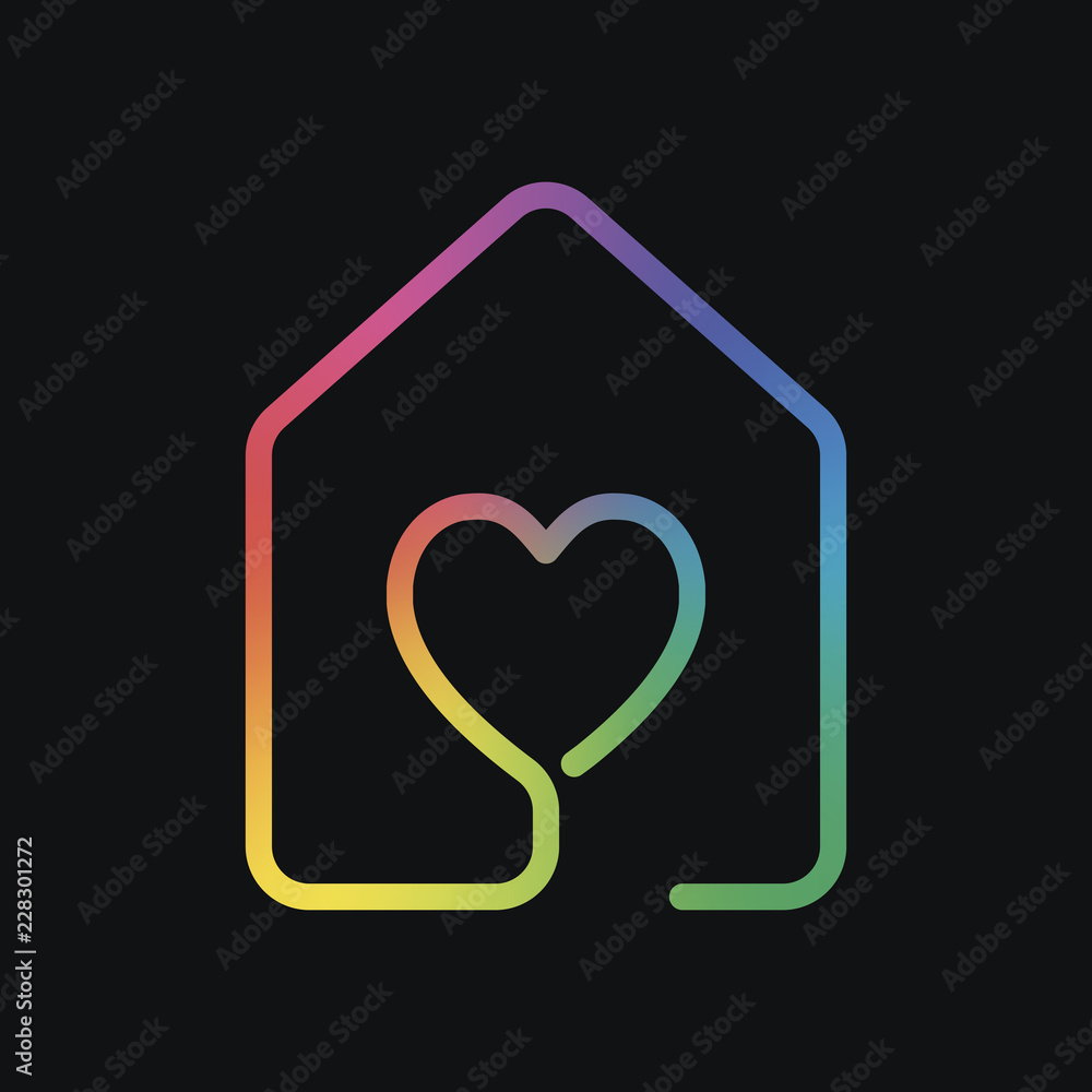 house with heart icon. line style. Rainbow color and dark backgr