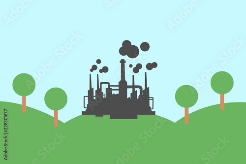 Factory in the beatiful nature and countryside . Relation between environment and industry and industrial plant. vector illustration