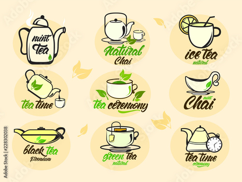 Chai, Tea set colourful illustrations with lettering collection. Black , green , natural tea ceremony. Kettles. Vector illustration design.