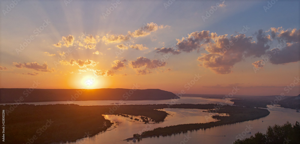Autumn sunset in the mountains of Zhiguli , on the Volga river