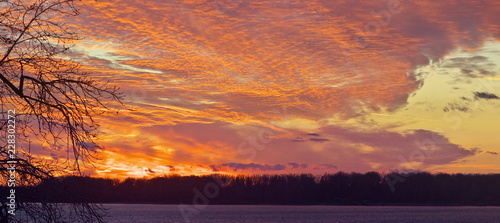 Sunset in autumn over the Volga river near the city of Samara