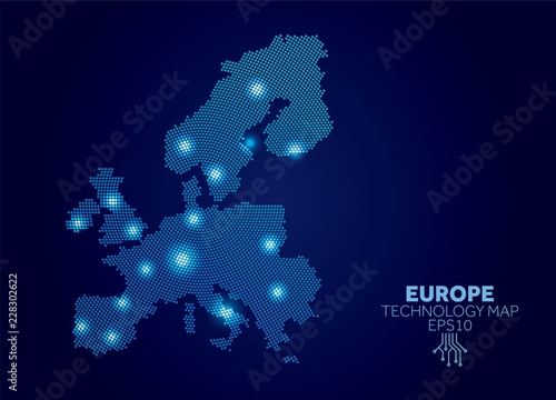 Europe dotted technology map. Modern data communication concept