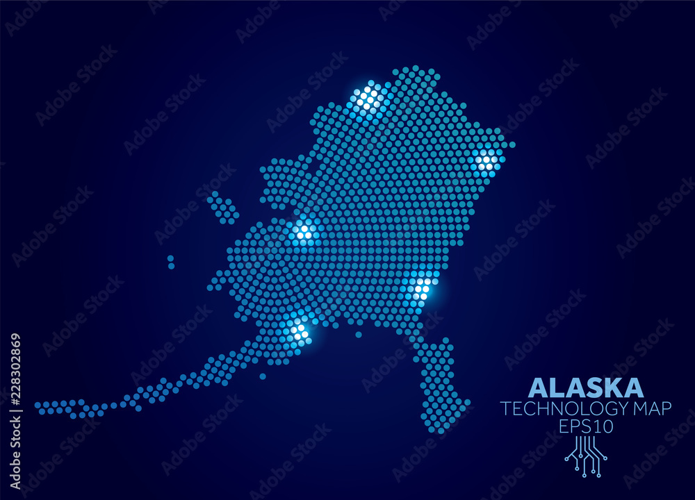 Alaska dotted technology map. Modern data communication concept