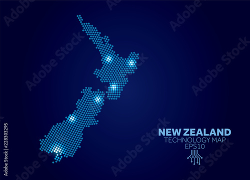 New Zealand dotted technology map. Modern data communication concept
