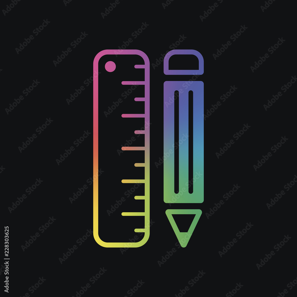 simple symbol of ruler and pencil. Rainbow color and dark backgr simple symbol of ruler and pencil. Rainbow color and dark backgr