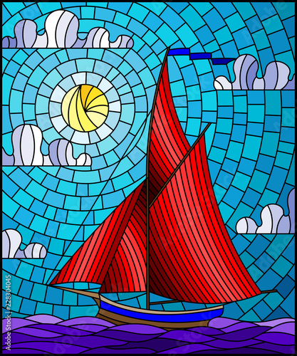 Illustration in stained glass style with an ship sailing with red sails against the sea, sun and sky, seascape 