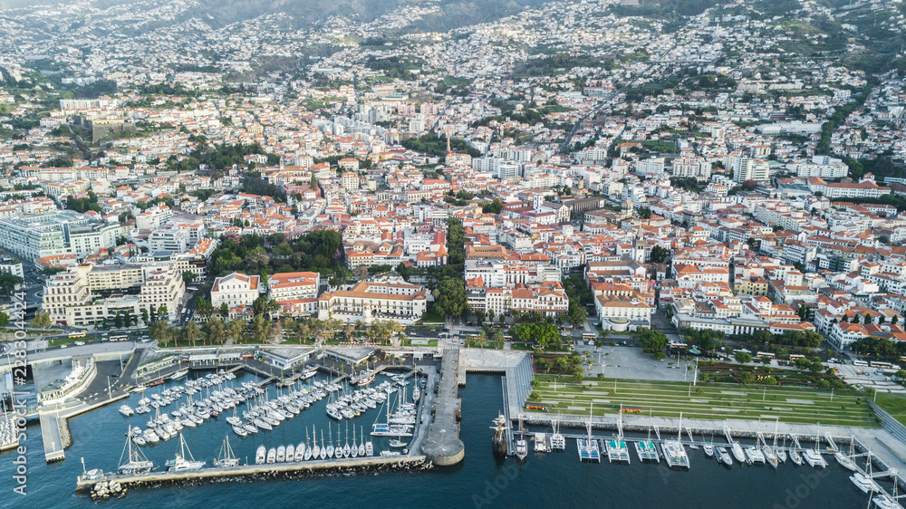 Aerial view of Funchal city, Madeira island, Portugal.