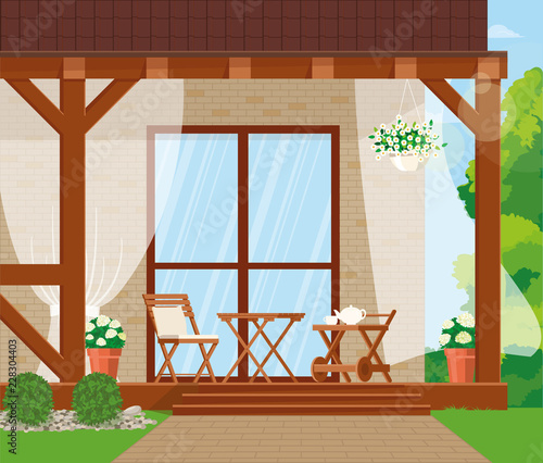Vector illustration. Veranda with furniture and flowers.