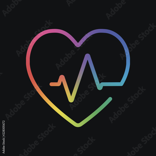 Heart and pulse line. One line style. Linear icon with thin outline. Rainbow color and dark background