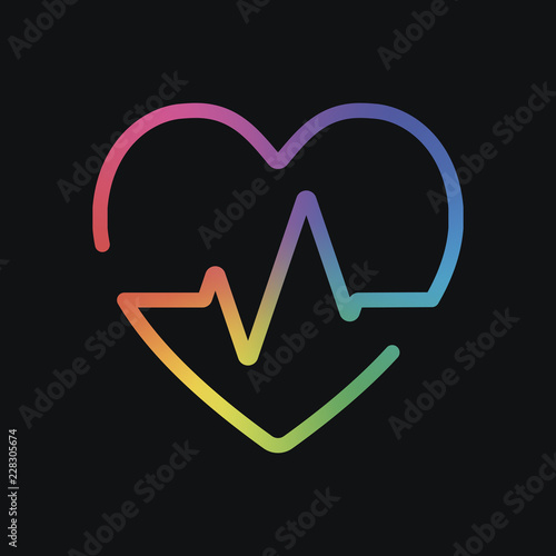 Heart and pulse line. One line style. Linear icon with thin outline. Rainbow color and dark background