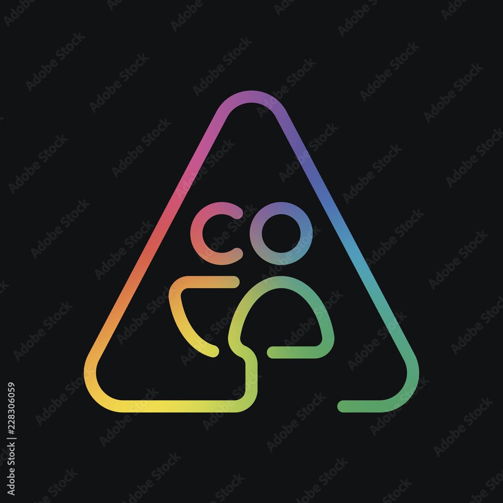 Man and woman in warning triangle. Sign for pedestrians. Linear icon with thin outline. One line style. Rainbow color and dark background