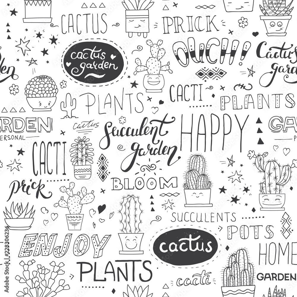 Vector typographical seamless pattern with succulents, cactuses and modern lettering phrases
