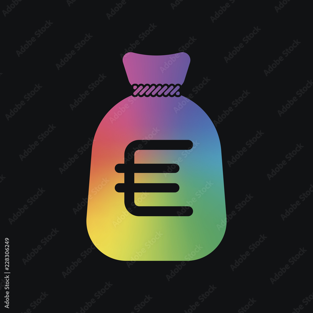 Money bag with euro. Full moneybag icon. Rainbow color and dark background Money bag with euro. Full moneybag icon. Rainbow color and dark background