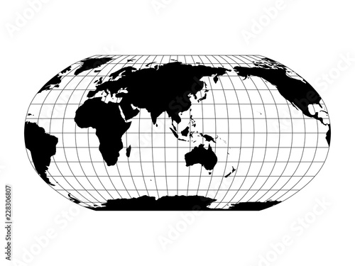 World Map in Robinson Projection with meridians and parallels grid. Asia and Australia centered. Black land with black outline. Vector illustration.