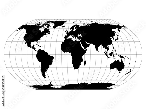 World Map in Robinson Projection with meridians and parallels grid. Black land with black outline. Vector illustration.
