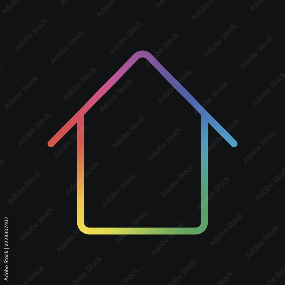 Simple house icon. Linear symbol, thin outline. Rainbow color and dark background Simple house icon. Linear symbol, thin outline. Rainbow color and dark background