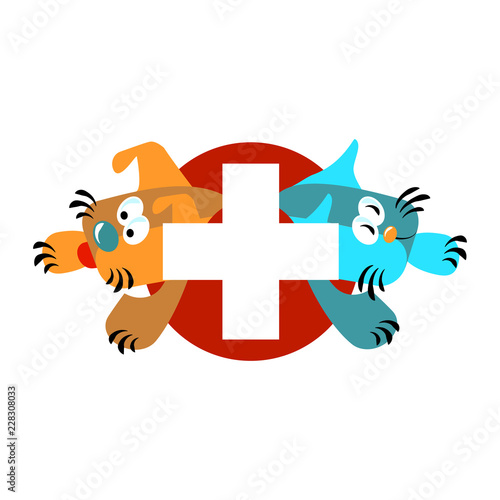 Fototapeta Naklejka Na Ścianę i Meble -  Flat dog and a cat cartoons veterinary clinic icon cross. A red and blue with a circle pet. Doctor nursing help