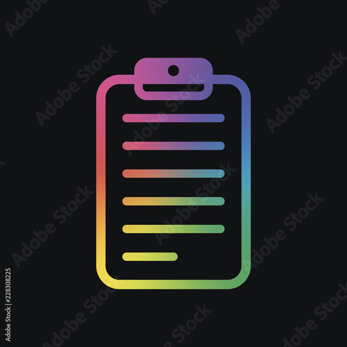 tablet, paper with text. Rainbow color and dark background