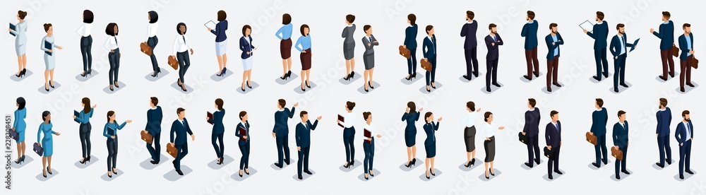 Isometric large set of businessmen and business woman, front view and rear view, vector illustration