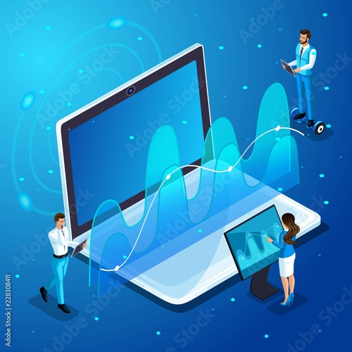 Isometric modern businessman and business ladies work with gadgets, virtual screen management, work with analytics, graphs and diagrams