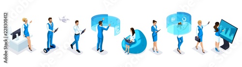 Isometric set of modern businessmen and business ladies with gadgets, smartphone, tablet, video shooting, laptop, drone quadrocopter, GyroScooter