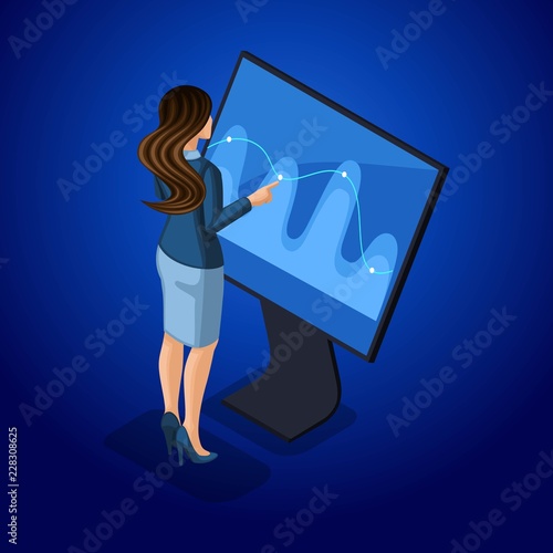 Isometric business ladies with gadgets, young entrepreneur, manages gadgets through online, virtual screen. Vector illustration