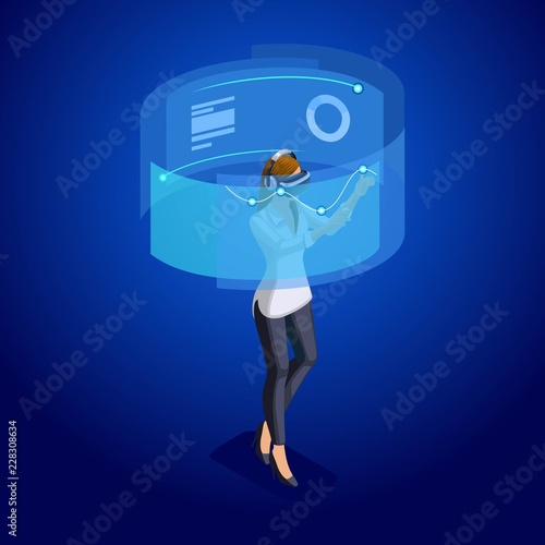 Isometric business ladies with gadgets, young entrepreneur, manages gadgets through online, virtual screen, virtual reality