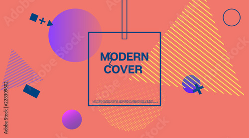 Memphis Minimal Cover Horizontal Vector Template. Neon Gradient Overlay, Small Space Particles Background. Geometric Memphis Design Elements, Horizontal Music Poster. Vintage Elemets Business Design.