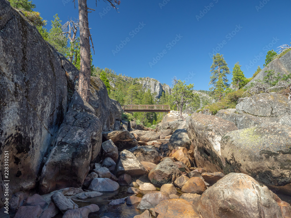 Pinecrest Lake, Stanislaus National Forest, Yosemite, California, USA - July 2018 - mountain recreation area dam