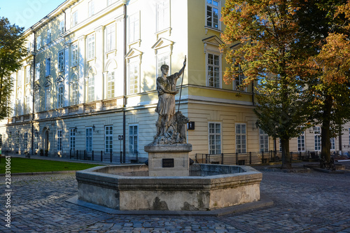 Fountain with sculpture of Greek god Adonis near the Square Rynok  Market  in Lviv  Ukraine.