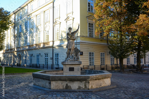 Fountain with sculpture of Greek god Adonis near the Square Rynok (Market) in Lviv, Ukraine.