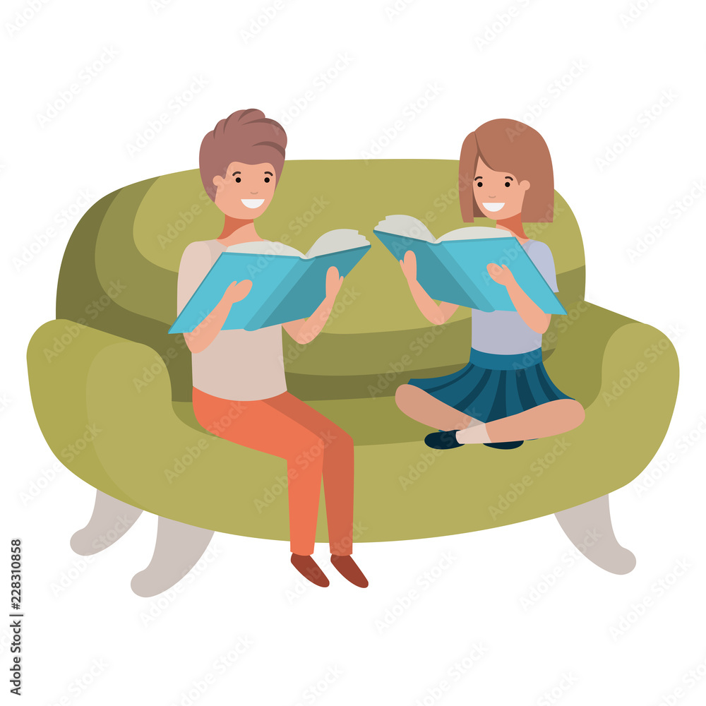 couple of children sitting in sofa with book avatar character couple of children sitting in sofa with book avatar character