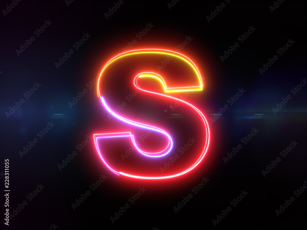 Letter S - colorful glowing outline alphabet symbol on blue lens flare dark background Letter S - colorful glowing outline alphabet symbol on blue lens flare dark background