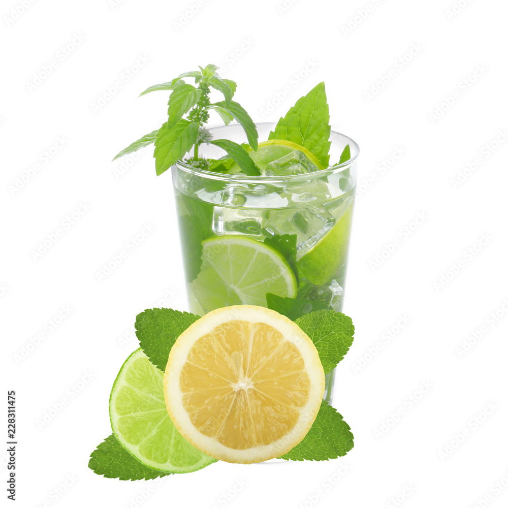 glass with mojito with lemons, mint and lime isolated on white glass with mojito with lemons, mint and lime isolated on white