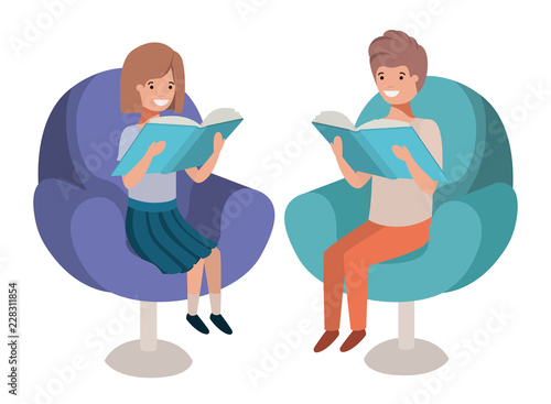 couple of children sitting in sofa with book avatar character