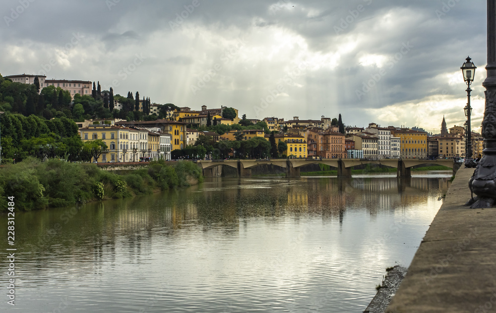 Florence on the river bank. Beautiful city. City of Florence, Italy. Typical Italian city. 