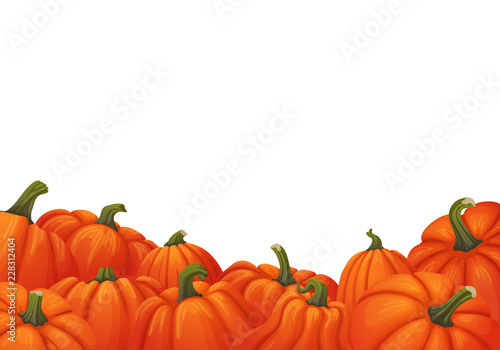 Background with uneven border of ripe orange pumpkins with green stems on the bottom.Autumn, harvest, thanksgiving, halloween design.
